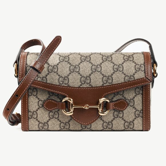 Gucci "Gucci Horsebit 1955" Beige & Dark Brown GG Supreme Mini Bag - Picture 1 of 13